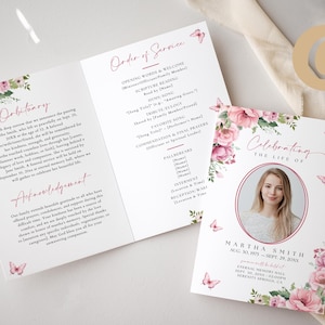 May include: A white and pink floral funeral program with a photo of a woman and the text "Celebrating the Life of Martha Smith Aug. 30, 1979 - Sept. 29, 2022"