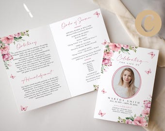 Editable Pink Floral Butterfly Funeral Program Template for Woman Mom, Simple Celebration of Life Memorial Service Program Booklet FS0004