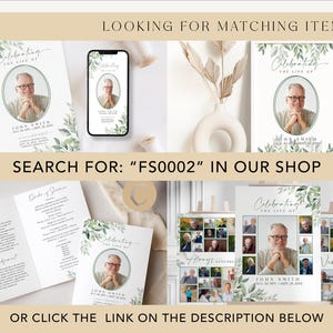 May include: A set of funeral memorial templates with a green leafy design and a photo of a man. The text reads "Celebrating the life of John Smith".