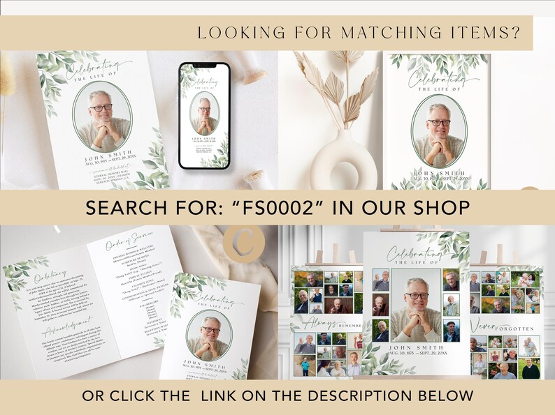 May include: A set of funeral memorial templates with a green leafy design and a photo of a man. The text reads "Celebrating the life of John Smith".