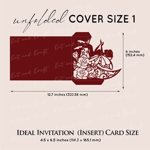 May include: A red laser cut wedding invitation template with a floral design and a woman in a dress. The unfolded cover size is 12.7 inches by 6 inches. The ideal invitation card size is 4.5 inches by 6.5 inches.