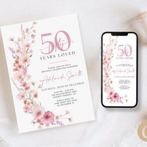 Blush Pink 50 Jahre geliebt Geburtstagseinladung für Frau, Wildblume 50 Jahre alt rsVP Mobile Digital Download, bearbeitbare Canva Vorlage BP0076