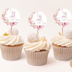 Adorno para cupcakes de cumpleaños número 21 en color rosa suave para niñas, etiqueta floral para bufé de 21 años, descarga digital, plantilla editable de Canva para dispositivos móviles BP0073