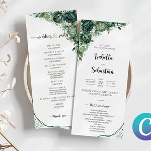 Editable Emerald Green Moss Green Wedding Program Canva Template, Elegant Minimalist Modern Floral Digital Wedding Program Instant Download