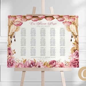 Puede incluir: Un plano de asientos para una boda o un evento especial con un diseño floral. El plano está decorado con flores rosas y doradas y tiene un fondo blanco. El texto en el plano dice "Nuestra Gente Favorita" y "Noche de Haldi & Mehndi de Ayesha".