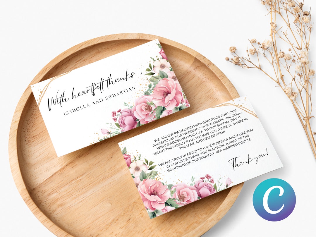 Editable Powder Pink Wedding Thank You Card Template, Dusty Pink Floral ...