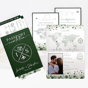 May include: A dark green passport-style wedding invitation set. It includes a passport invitation, RSVP cards, and details cards. The design features a world map, airplane motifs, and a photo of the couple.
