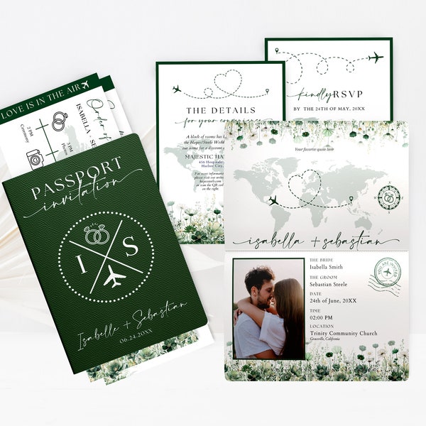 Emerald Green Passport Invitation Canva Template w/ Boarding Pass & Save the Date, Destination Wedding Invitation Bundle Travel Theme WP0031