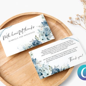 Plantilla editable de tarjeta de agradecimiento de boda azul polvo, imprimible floral azul polvoriento, Canva simple minimalista elegante, imprimible romántico moderno