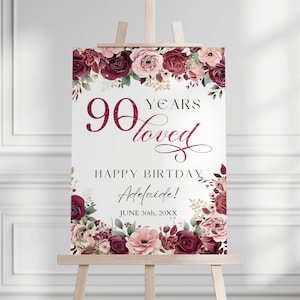 Puede incluir: Un letrero blanco sobre un caballete con detalles florales y el texto "90 Years Loved". El letrero también incluye las palabras "Happy Birthday Adelaide!" y la fecha "June 30th, 20XX."