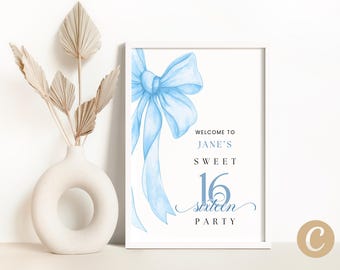 Puede incluir: Un cartel blanco con un lazo azul de acuarela y el texto "Bienvenido a la fiesta de los 16 años de Jane".