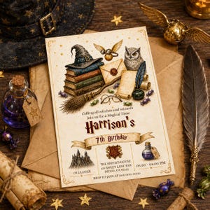Könnte beinhalten: Eine Einladung zum Thema Zauberei mit einem Bücherstapel, einem Hexenhut und einer Eule. Die Einladung enthält den Text "Calling all witches and wizards" und "Harrison's 7th Birthday". Das Design ist auf einem pergamentartigen Hintergrund.