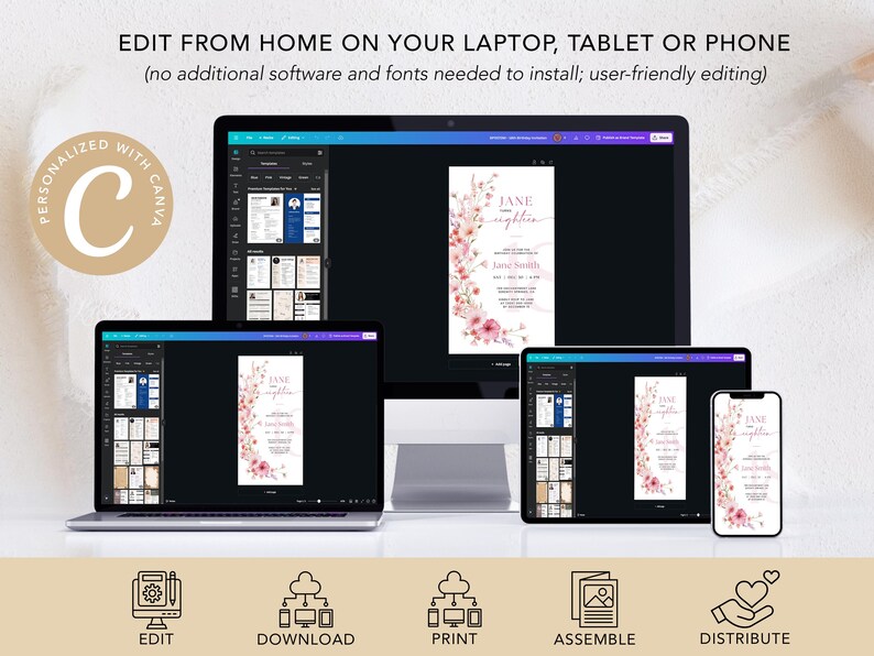 May include: A computer screen displaying a mockup of a wedding invitation with pink flowers and the text "Jane & Stephen". The screen is surrounded by icons representing the steps of editing, downloading, printing, assembling, and distributing the invitation.