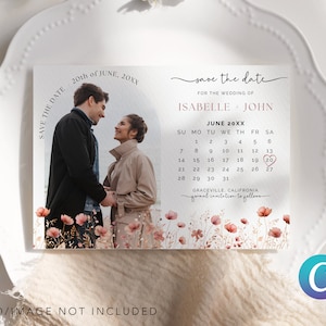 Editable moderno minimalista rosa oro prado flores silvestres boda guardar la fecha invitación calendario tarjeta Canva plantilla simple invitación digital