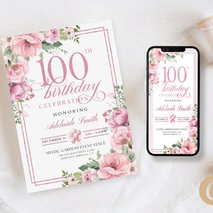 100th Birthday Party Invitation Canva Template for Mother Grandma, Pastel Dusty Pink  Floral 100 Years Loved Centenary Mobile Invite BP0041