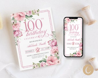 100th Birthday Party Invitation Canva Template for Mother Grandma, Pastel Dusty Pink  Floral 100 Years Loved Centenary Mobile Invite BP0041