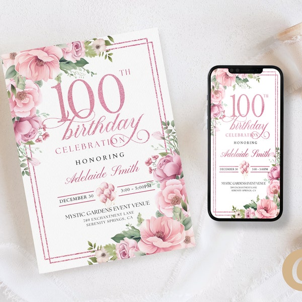 100th Birthday Party Invitation Canva Template for Mother Grandma, Pastel Dusty Pink  Floral 100 Years Loved Centenary Mobile Invite BP0041