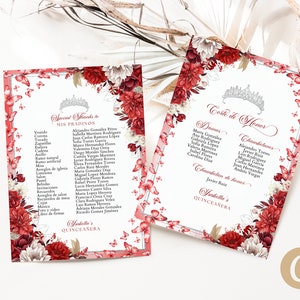 Red Silver Floral Butterfly Princess Quinceanera Mis Padrenos List Canva Template, Silver Red Crown Quince Corte De Honor Digital QB0036