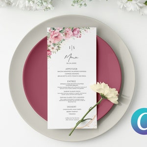 Staubige rosa Hochzeits-Menü-Vorlage, puderrosa Pfingstrosen-Blumen-Leinwand, elegante minimalistische einfache, moderne romantische Blumen-Aquarell-Set-Reihe