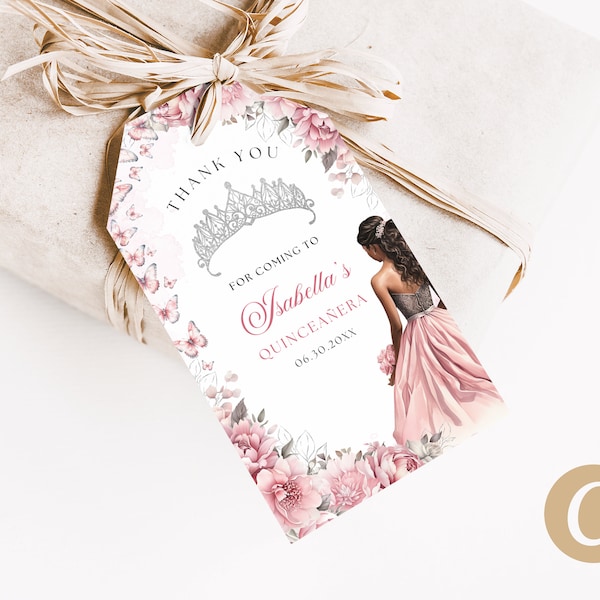 EDITABLE Blush Pink Silver Floral Butterfly Princess Quinceanera Thank You Tag Canva Template, Blush Pink Quince Gift Party Favor Tag QB0035