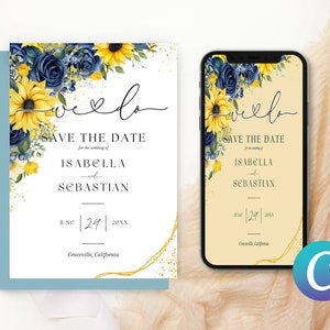 Matrimonio blu scuro giallo senape Salva la data Invito, Peonie di girasole Floreale Elegante Moderno Romantico Minimalista Modello Canva Invito