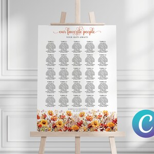 Modello di tela per grafici di posti a sedere grandi per matrimoni ad acquerello con prato rustico, fiori di campo, elegante disposizione dei posti a sedere per gli ospiti floreali modificabili e stampabili