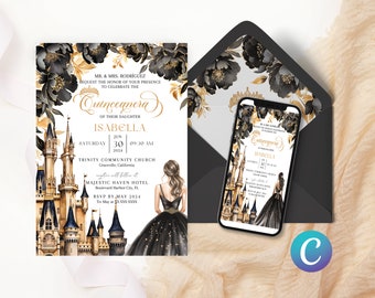 Märchenschloss Prinzessin Quinceanera Einladung Schwarz Template für Quinceanera, Quitte Einladung Digital, invitaciones de quinceanera