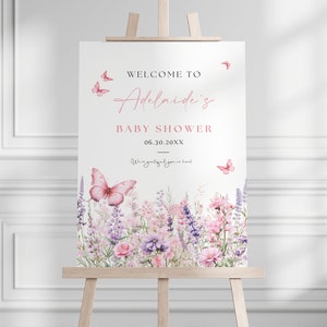 Bearbeitbarer Rosa Schmetterling Babyparty Willkommensschild Canva Vorlage für Baby Mädchen, Rosa Wildblumen Babyparty Poster Digitaler Download BS0004