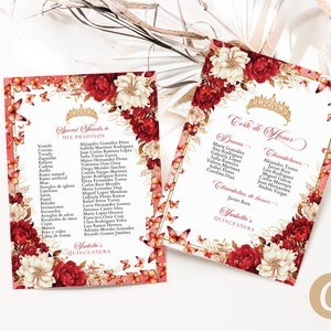 Red Floral Butterfly Princess Quinceanera Mis Padrenos List Canva Template for Quinceanera, Red Crown Quince Corte De Honor Digital QB0026