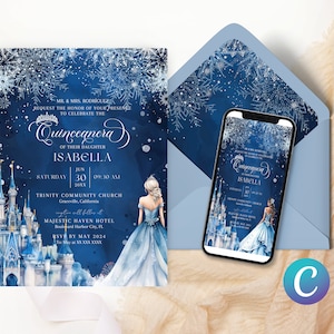EDITABLE Castillo de Nieve Princesa de Hielo Diseño Plantilla de Invitación Quinceañera, Fondo de Invierno, Princesa Mágica Azul Quince Canva Digital