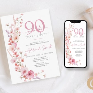 Blush Pink 90 jaar geliefde verjaardagsuitnodiging voor vrouw, Wildflower 90 jaar oude RSVP mobiele digitale download, bewerkbare canva-sjabloon BP0080