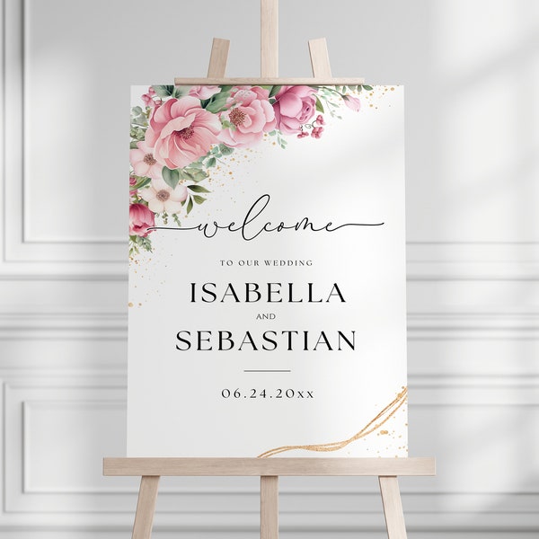 Dusty Pink Wedding Welcome Sign, Powder Pink Peonies Floral Canva Template, Elegant Minimalist Simple, Modern Romantic Watercolor Set Suite