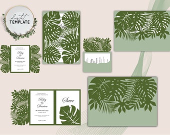 Tropical Monstera Leaves Summer Wedding Quinceanera Birthday Laser Cut Template Invitation Suite Cover -SVG Silhouette Cricut - Digital -019