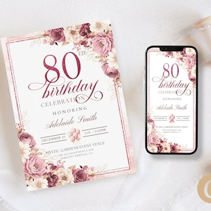 以下が含まれることがあります： ピンクと白の花柄のデザインが施された80歳の誕生日のお祝いの招待状です。招待状には金色の縁取りと「80歳の誕生日のお祝い アデレード・スミス様を称えて」という文字が書かれています。イベントの日時は「12月30日午後3時～5時」と記載されています。会場は「ミスティック・ガーデン・イベント・会場、280エンチャントメント・レーン、セレニティ・スプリングス、カリフォルニア州」と記載されています。