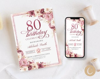 May include: An 80th birthday invitation featuring a floral design in shades of pink and white. The invitation has a gold border and the text "80th birthday celebration honouring Adelaide Smith". The date and time of the event are listed as "December 30, 3:00 - 5:00 PM". The venue is listed as "Mystic Gardens Event Venue, 280 Enchantment Lane, Serenity Springs, CA".