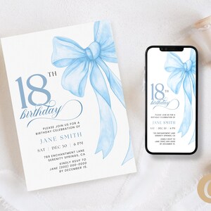 Blaue Schleife 18. Geburtstagseinladung Mädchen, 18 Jahre alte blaue Kokette Schleife rsVP Digitaler Download für Sie Him, bearbeitbare Canva Vorlage BP0105