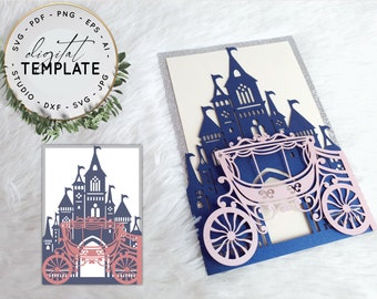 5X7 Fairy Tale Castle Carriage Princess Laser Cut Invitation Template for Wedding Quinceanera Birthday Sweet 16 Svg AI Eps Silhouette Cricut