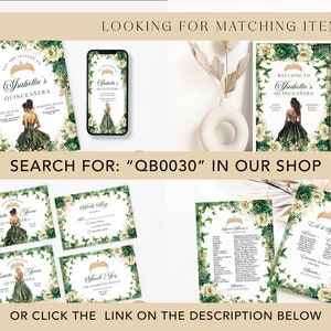 Emerald Green Gold Floral Butterfly Princess Quinceanera Save the Date Invitation Canva Template, Quince Invite RSVP Thank you Card QB0030 image 10
