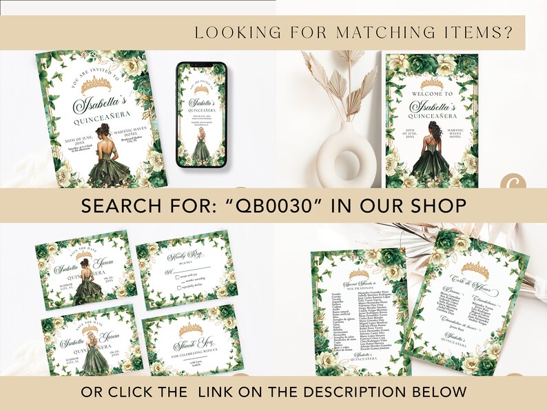 Emerald Green Gold Floral Butterfly Princess Quinceanera Save the Date Invitation Canva Template, Quince Invite RSVP Thank you Card QB0030 image 10