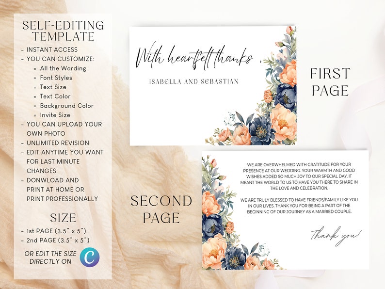 Editable Peach Fuzz & Navy Blue Floral Wedding Thank You Card Template ...