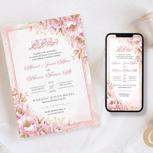 Elegante plantilla Canva de invitación Nikkah floral rosa rubor con invitación digital Nikkah para la fiesta de ceremonia Nikkah del Islam musulmán editable MP0001