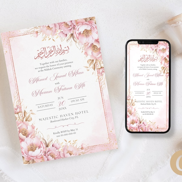 Elegant Blush Pink Floral Nikkah Invitation Canva Template with Digital Nikkah Invite for Muslim Islam Nikkah Ceremony Party Editable MP0001