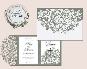 5x7 Floral Trifold Laser Cut Template Invitation Envelope for Wedding, Quinceanera, Birthday, Sweet 16 -SVG Template Suite Cricut Silhouette