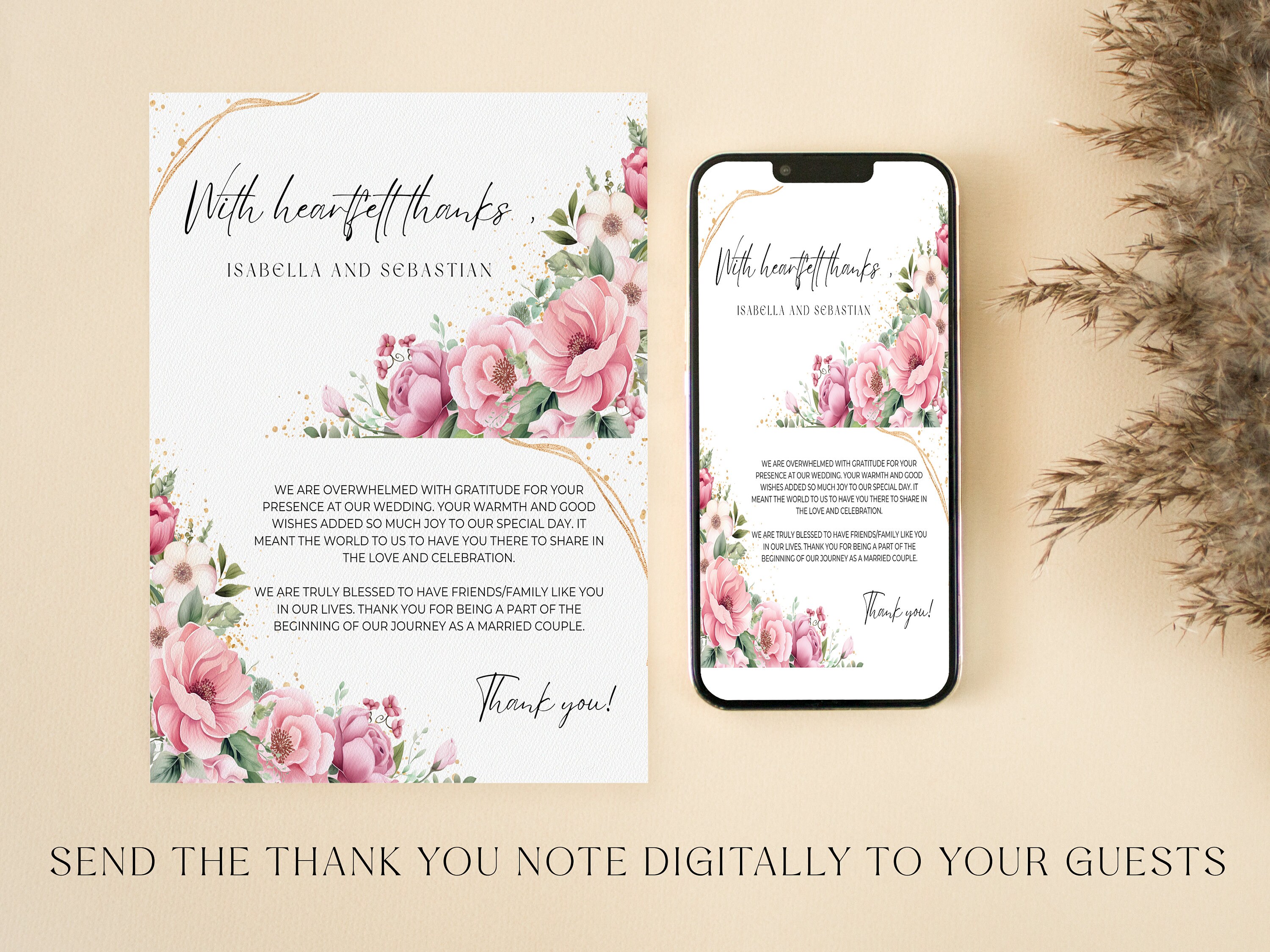 Editable Powder Pink Wedding Thank You Card Template, Dusty Pink Floral ...