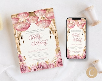 Mehndi Einladung Pink Gold Floral bearbeitbare Canva Vorlage für indische Hochzeit Haldi einladen mit Umbrella Mehndi Decor und Haldi Decor Ip0003