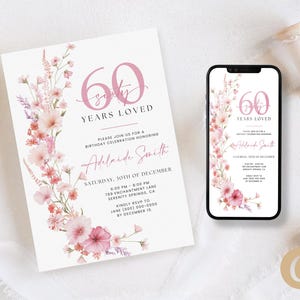 Blush Pink 60 jaar geliefde verjaardagsuitnodiging voor vrouw, Wildflower 60 jaar oude RSVP mobiele digitale download, bewerkbare canva-sjabloon BP0077