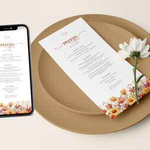 Rustikale Wiese Wildblumen Aquarell Hochzeitsmenükarte Canva Vorlage, Elegante minimalistische bearbeitbare druckbare benutzerdefinierte Hochzeitsmenü Download PNG