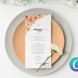 Modèle de toile de carte de menu de mariage aquarelle florale pêche duvet, modèle de carte de Menu de mariage mariage personnalisé élégant minimaliste modifiable en téléchargement PNG