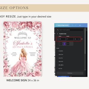 May include: A printable welcome sign for a Quincea&ntilde;era celebration. The sign features a pink floral design with butterflies and a young woman in a pink dress. The text on the sign reads "Welcome to Isabella's Quincea&ntilde;era" and includes the date "30th of June, 20XX" and the location "Majestic Haven Hotel". The sign is 24 inches wide by 36 inches tall.