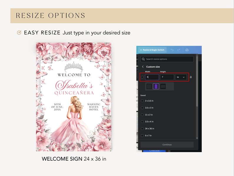 May include: A printable welcome sign for a Quincea&ntilde;era celebration. The sign features a pink floral design with butterflies and a young woman in a pink dress. The text on the sign reads "Welcome to Isabella's Quincea&ntilde;era" and includes the date "30th of June, 20XX" and the location "Majestic Haven Hotel". The sign is 24 inches wide by 36 inches tall.